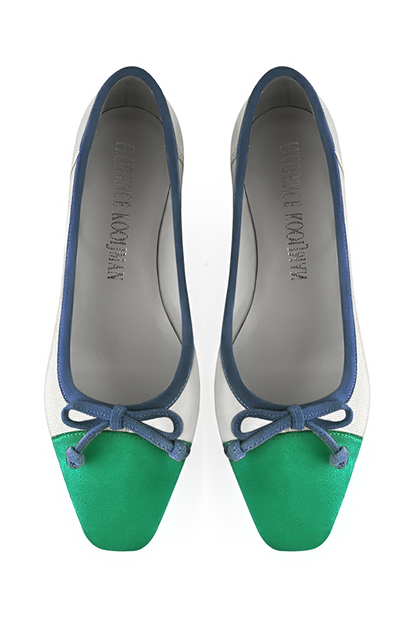 Emerald green, light silver and denim blue women's ballet pumps, with low heels. Square toe. Flat flare heels. Top view - Florence KOOIJMAN